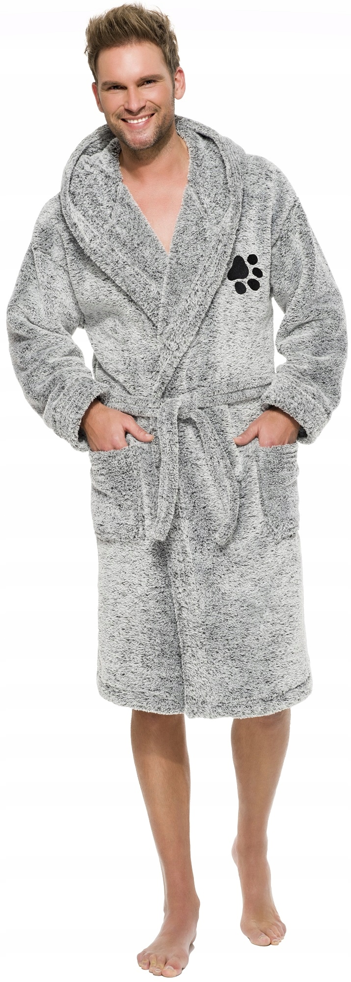 ŁAPKA GRUBY CIEPŁY SZLAFROK MĘSKI Z KAPTUREM L Marka L&L