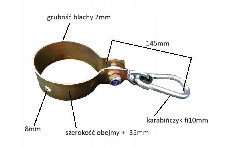 Obejma hak mocowanie huśtawki hamaka 80mm + karabińczyk certyfikat AGH Kod producenta Obejma 80 złota