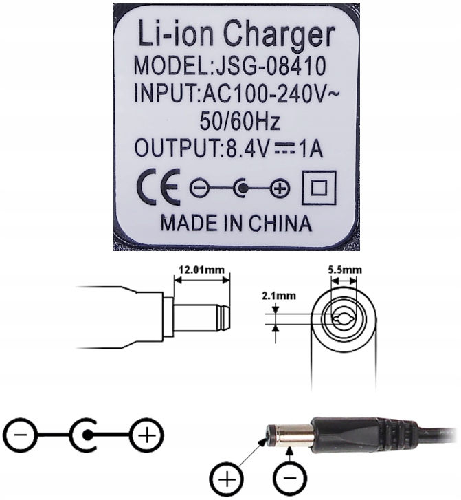 ŁADOWARKA SIECIOWA ZASILACZ 8.4V 1A (5.5x2.1) Waga produktu z opakowaniem jednostkowym 0.15 kg
