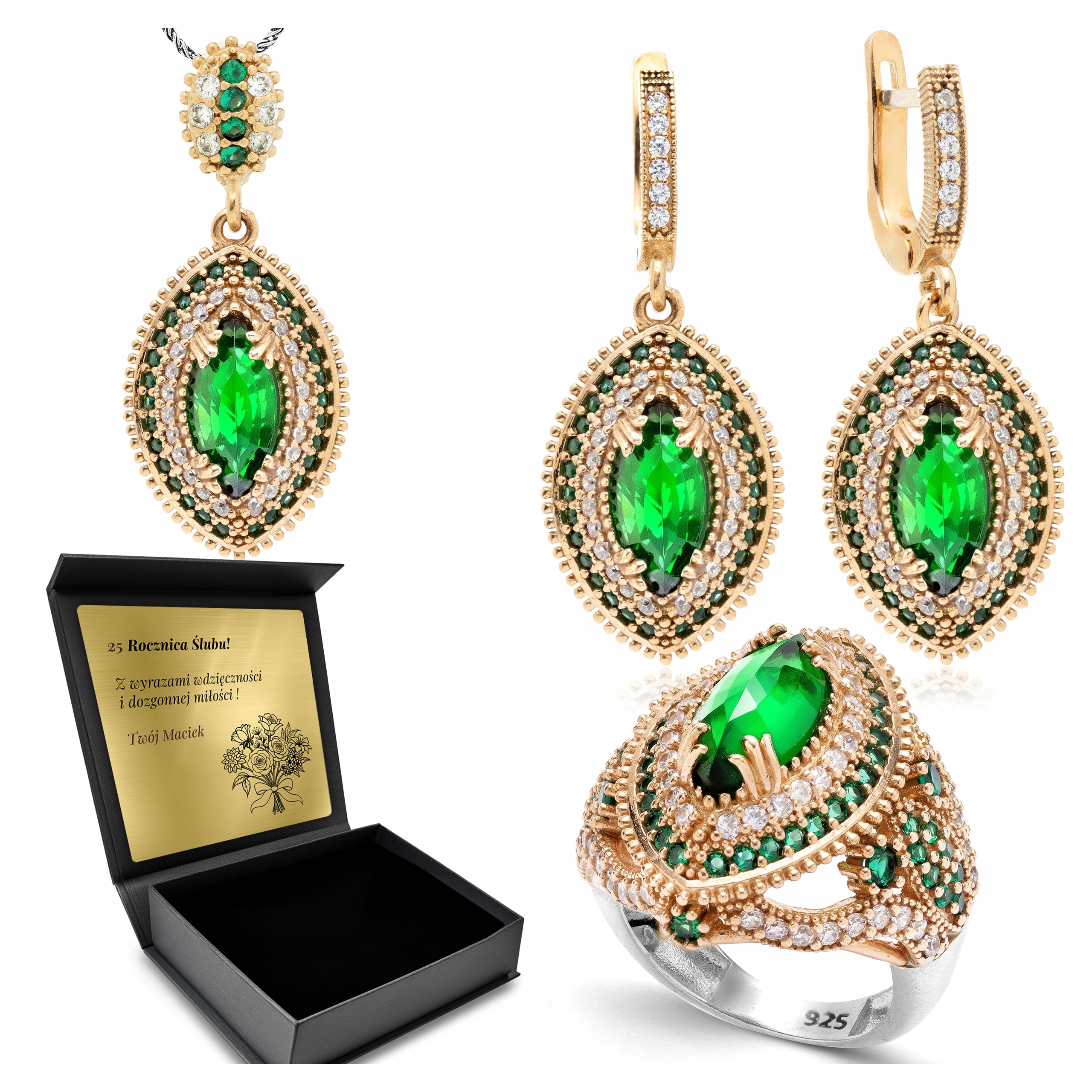 Komplet Stříbrných Šperků 925 Zirkony Smaragd Dárek pro ženu Gravírování