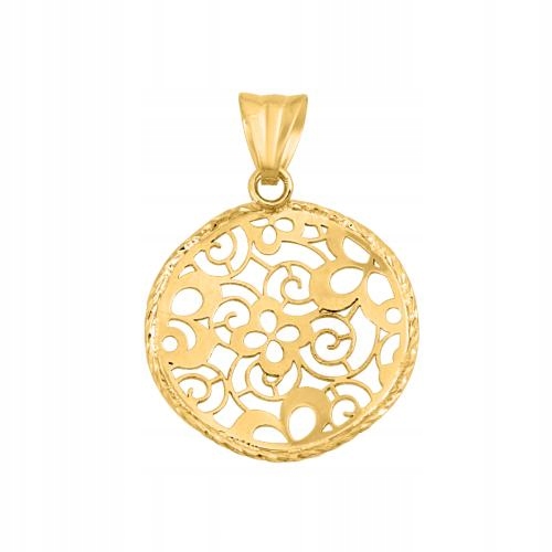 Kulatý zlatý přívěsek 585 zdobený ažurovým výřezem s květinkami