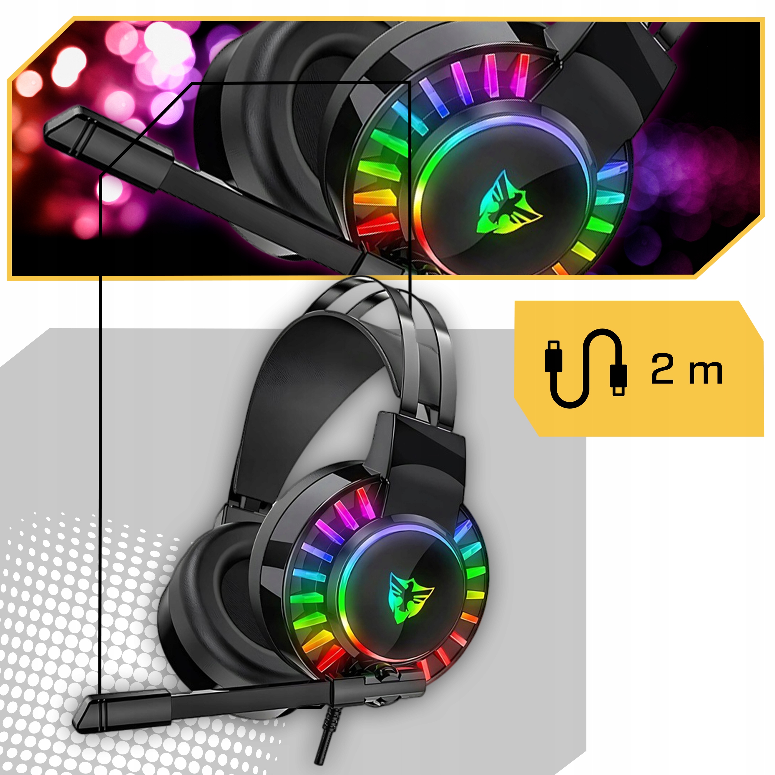 SŁUCHAWKI GAMINGOWE DLA GRACZY PRZEWODOWE Z MIKROFONEM LED RGB PC NAUSZNE Kolor czarny