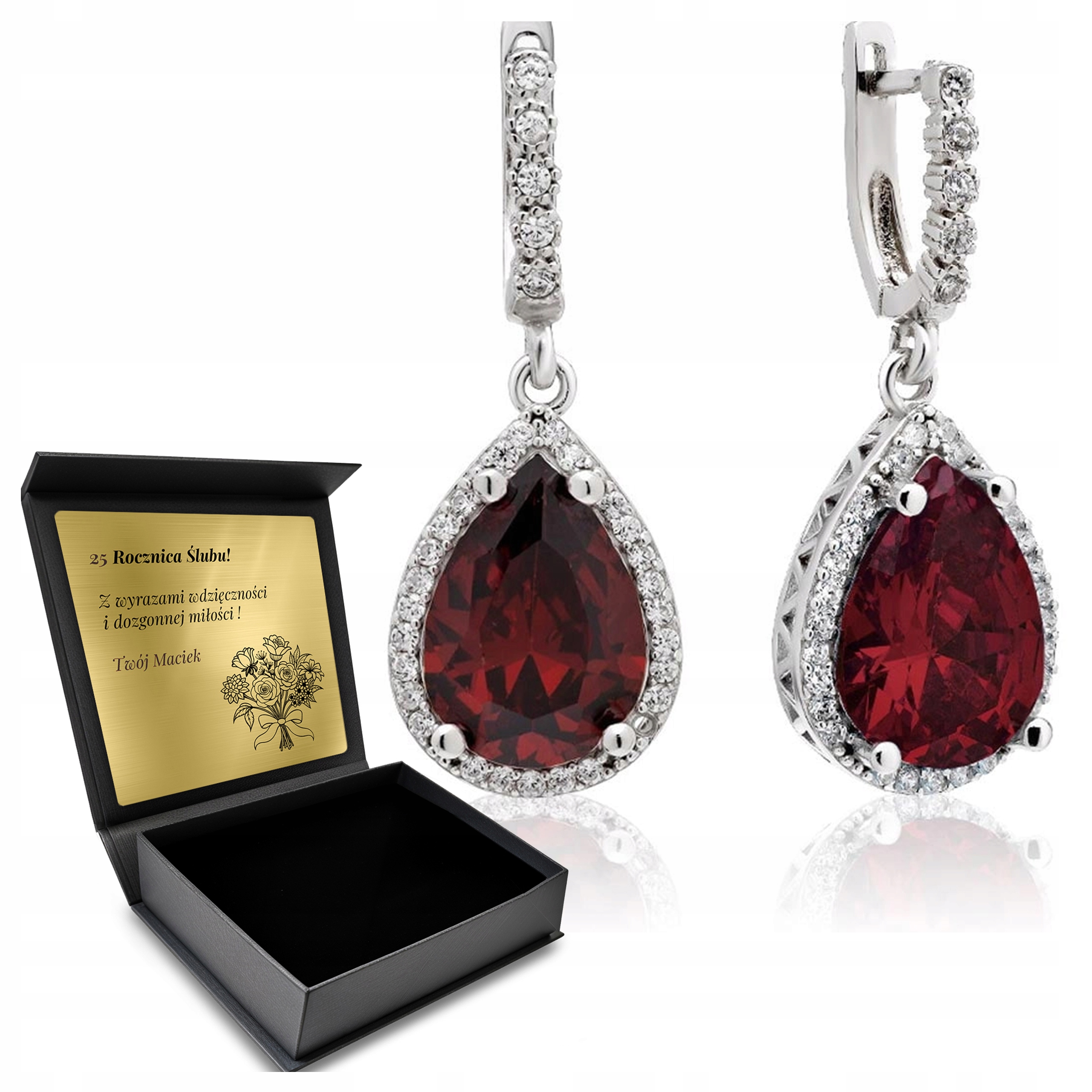 Stříbrné Náušnice 925 Zirkony Granátové Dárek pro ženu Gravírování Bonus