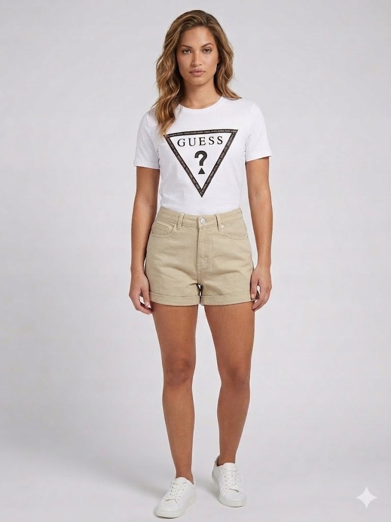 Guess Béžové Krátké Kraťasy S Vysokým Pasem A Nápisem 26 Gga