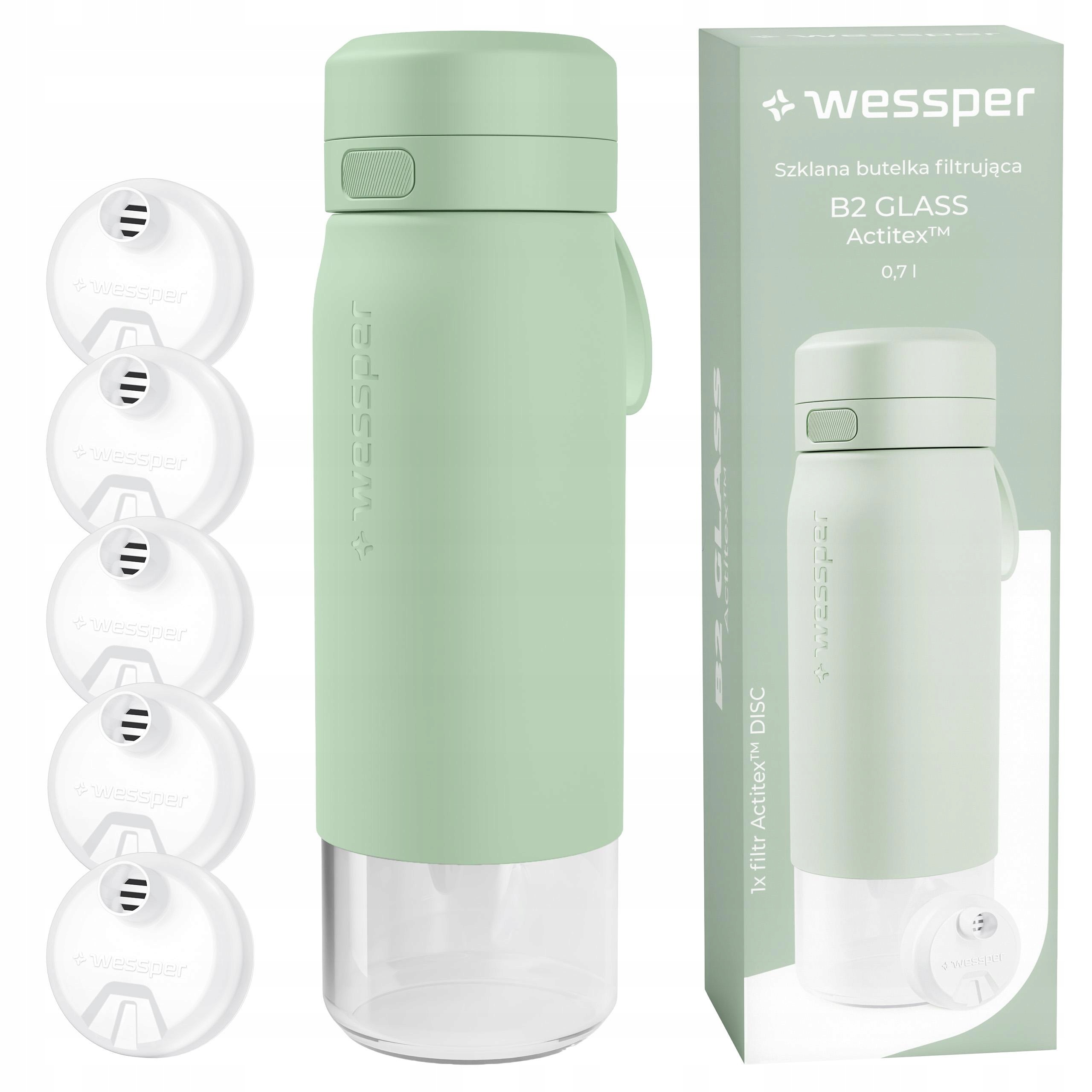 Skleněná filtrační láhev láhev na pití na vodu Wessper B2 Actitex 0,7L 5x filtr