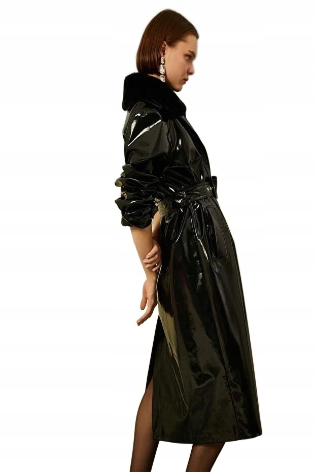 Koton Czarny Płaszcz Lakierowany Z Paskiem I Kołnierzem 34 5FA* 34 5_A