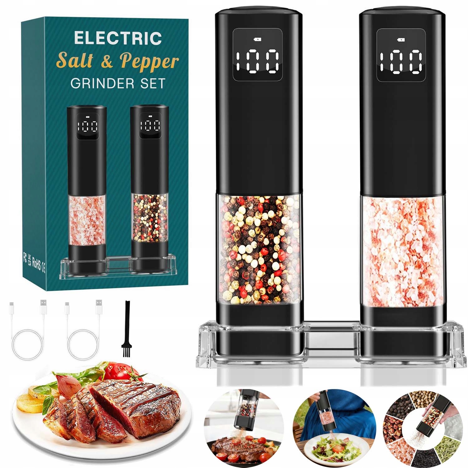 2X Elektrický Mlýnek Na Pepř A Sůl Na Baterie, Mlýnek Na Sůl S Regulací