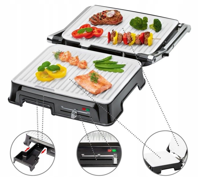 KONTAKTOWY DUŻY GRILL ROZKŁADANY BEZTŁUSZCZOWY BEZ TŁUSZCZU ELEKTRYCZNY