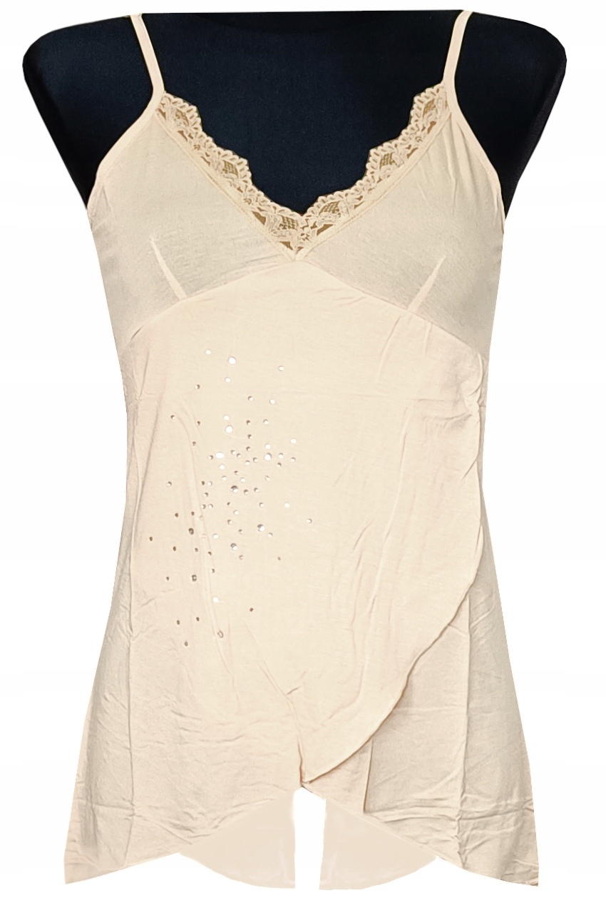 KOSZULKA BLUZKA DAMSKA TOP NA RAMIĄCZKA CEKINY BEŻOWA L 40 MODEL:103F