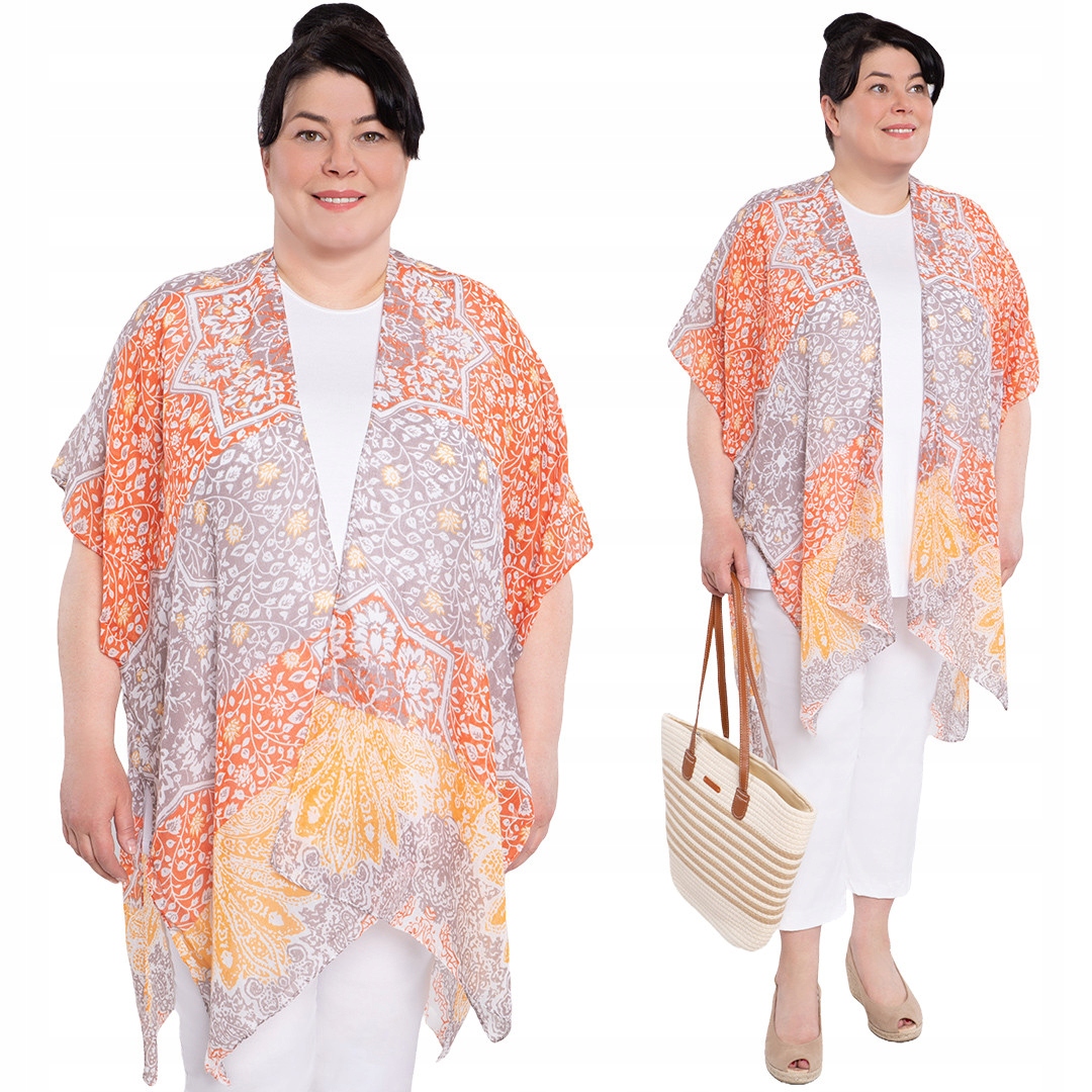 Oranžovo-béžové pončo s bílými listy 46-56