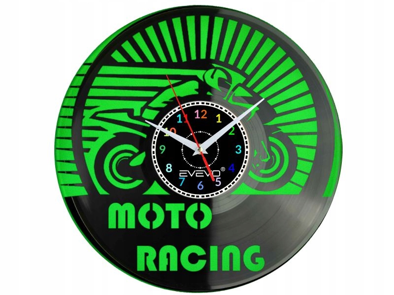 Motocykl Moto Závodní Nástěnné Hodiny Fluorescenční Pozadí Vinylová Deska