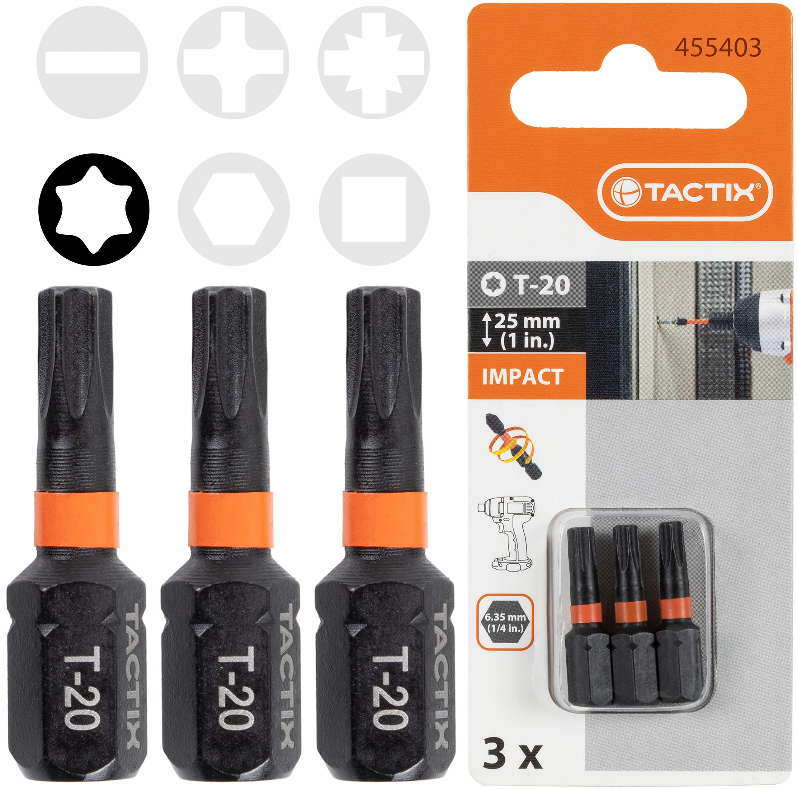 

Bit Udarowy 25mm końcówki Torx T-20 Tactix 3 szt.