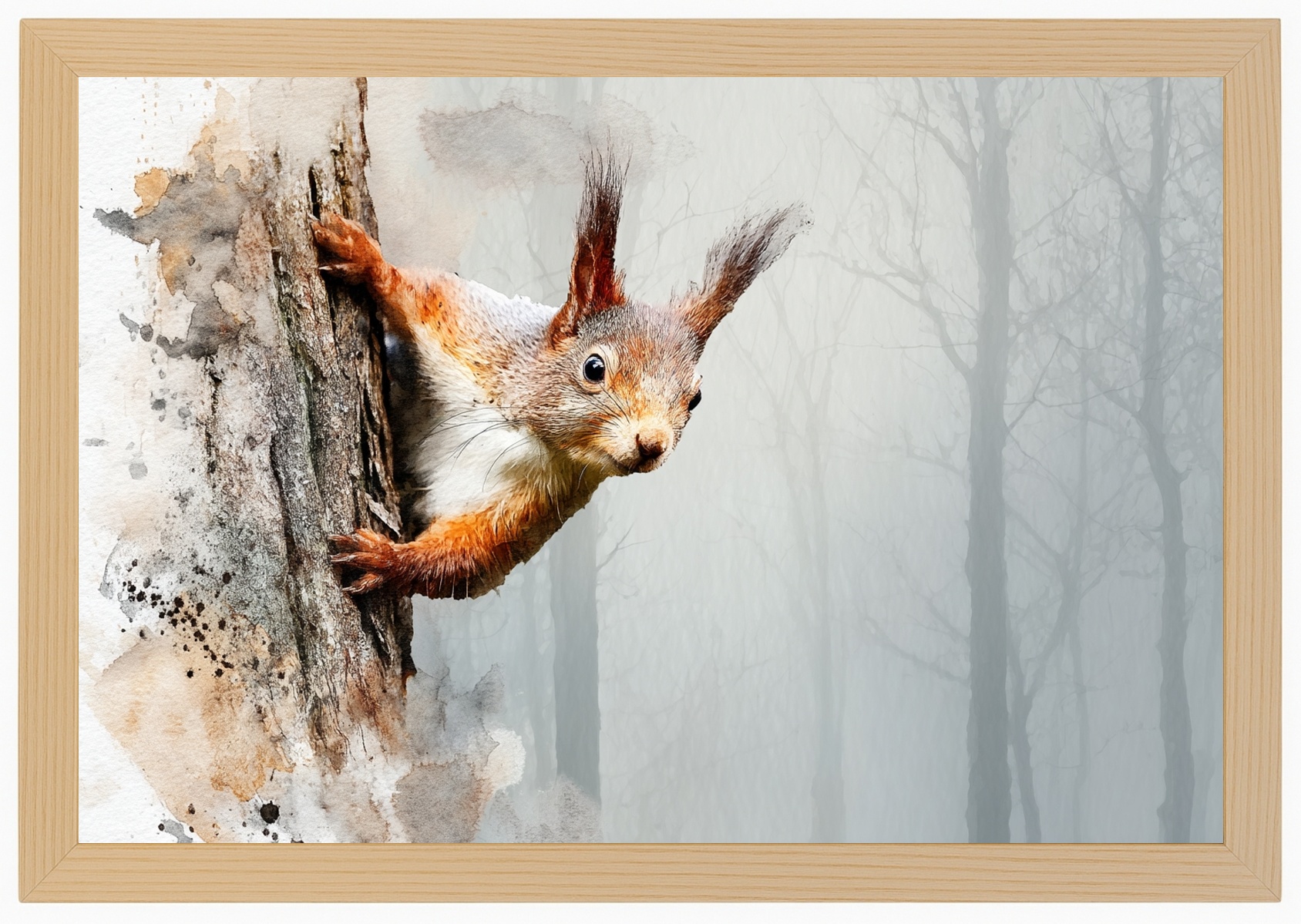 Plakát Rámeček Dřevo Veverka Les Příroda Dřevo Akvarel 60x40
