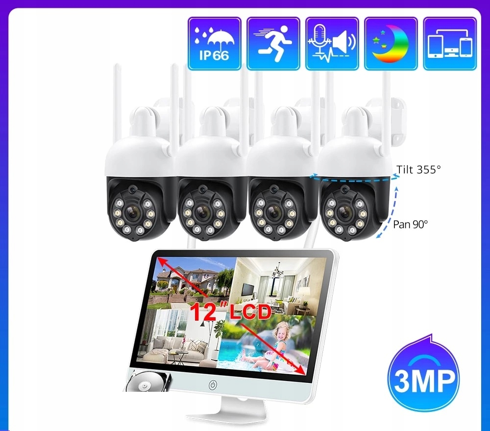 MONITORING WIFI 4 KAMERY FULL HD 3MPX +NVR+MONITOR