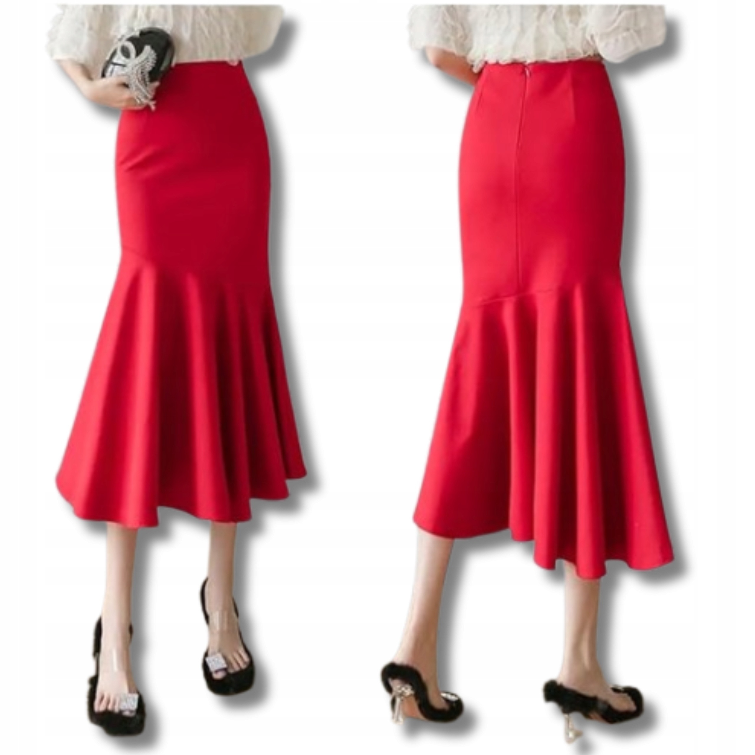 Elegantní dámská midi Sukně červená s volánky 3XL elastická tužková