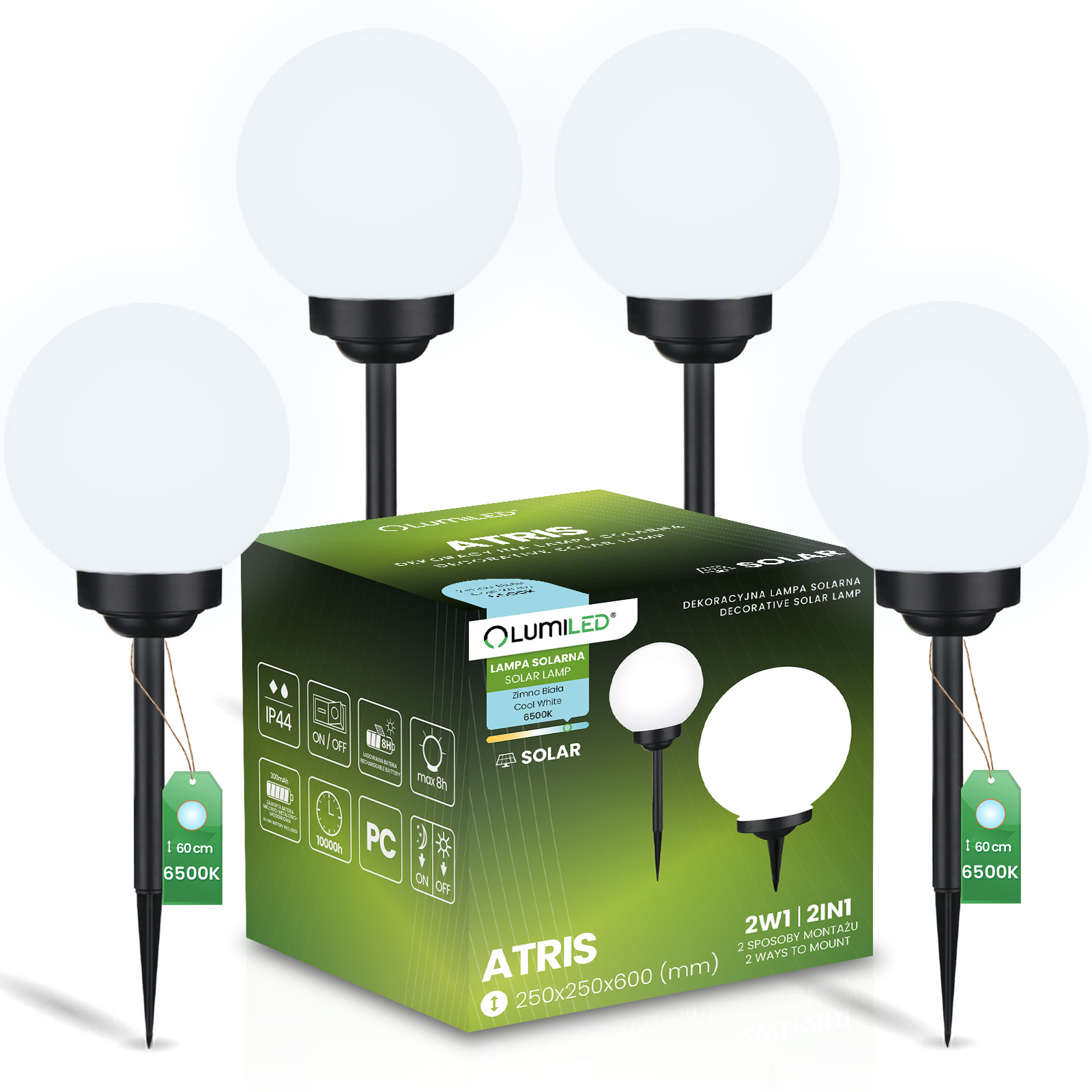 4x Solární Zahradní Lampa Led Zapichovací pozemní ozdobná kulička Špíz 25 cm