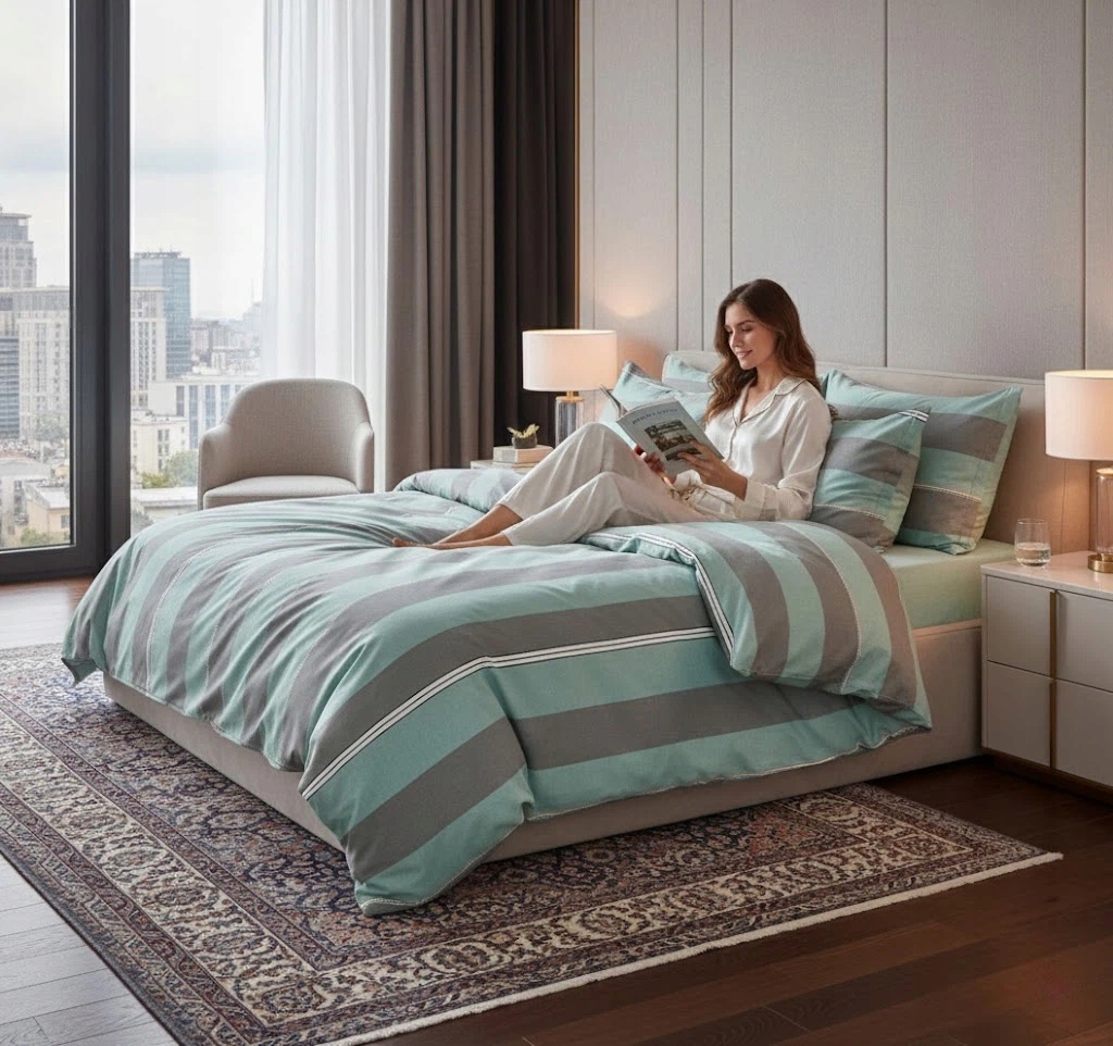 3dílná bavlněná sada ložního prádla Mint Grey Stripe 160x200 cm pro dvoulůžko