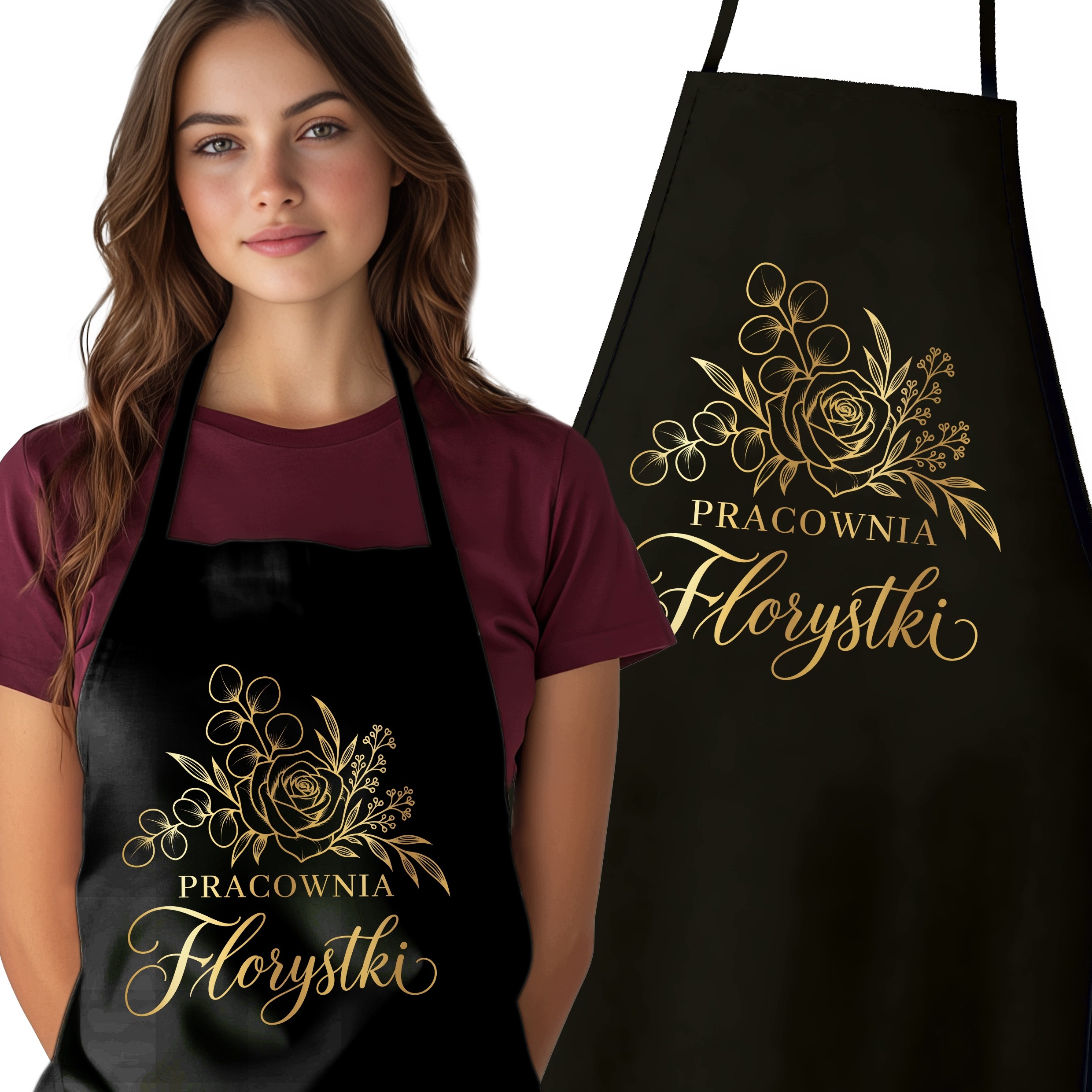 Černá Bavlna zástěra pro Floristku jako Dárek k práci s potiskem Zlatá Fólie