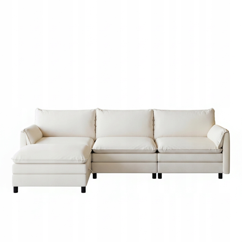Sofa narożna w kolorze biały chenille z podnóżkiem