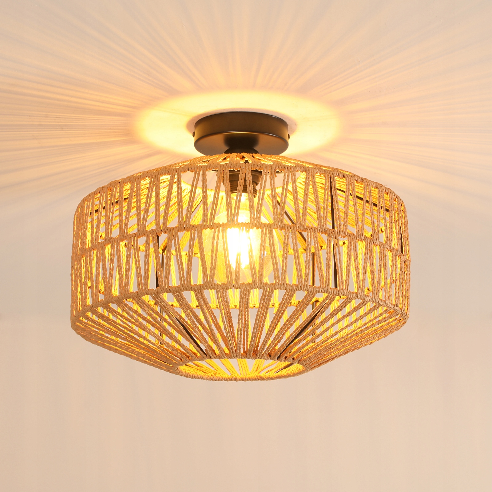Lampa sufitowa czarny e27 żyrandol loft z tkaniny rattanowej retro
