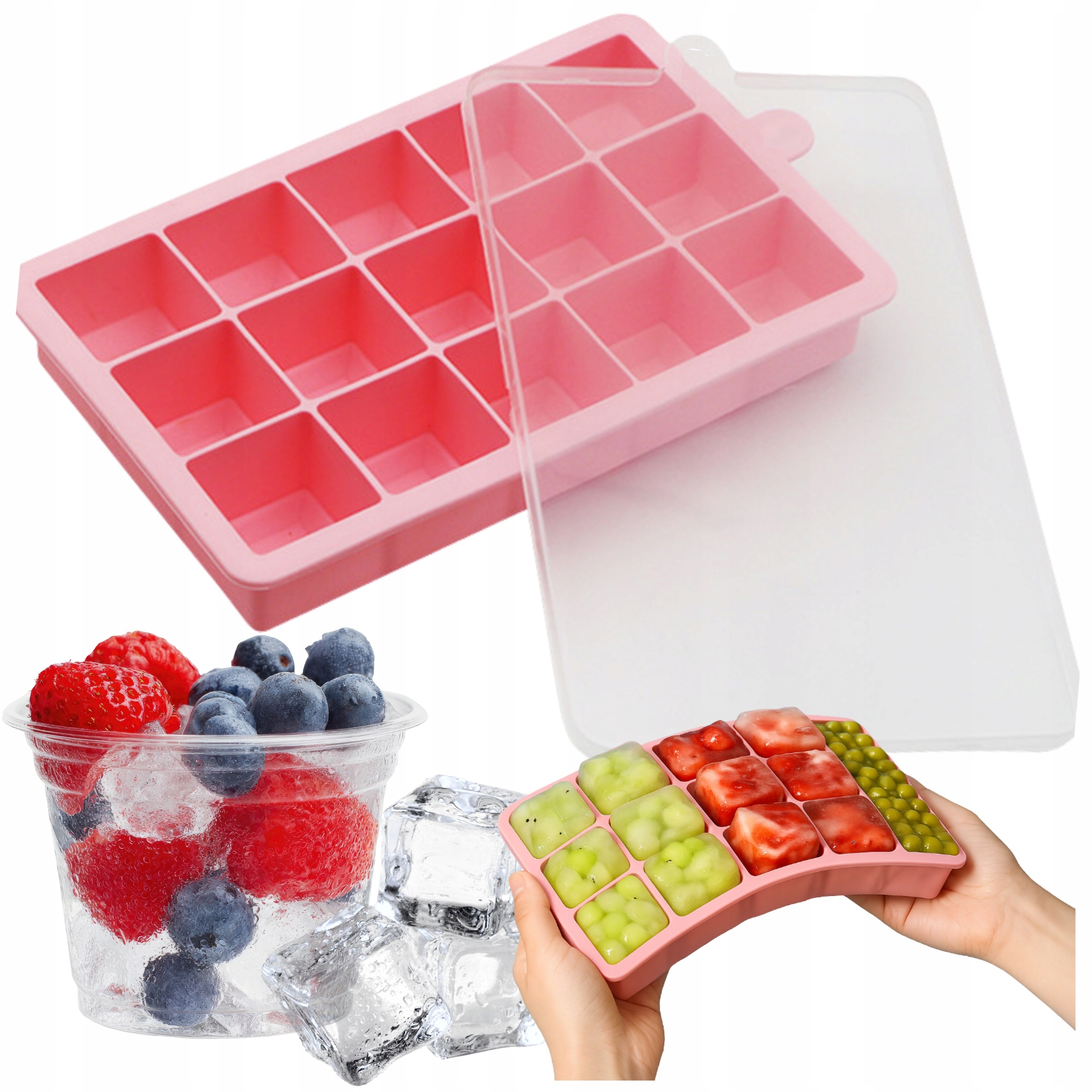 FOREMKI DO LODU SILIKONOWE 15 SZT FOREMKA Z POKRYWKĄ RÓŻOWA XXL MONTESSA