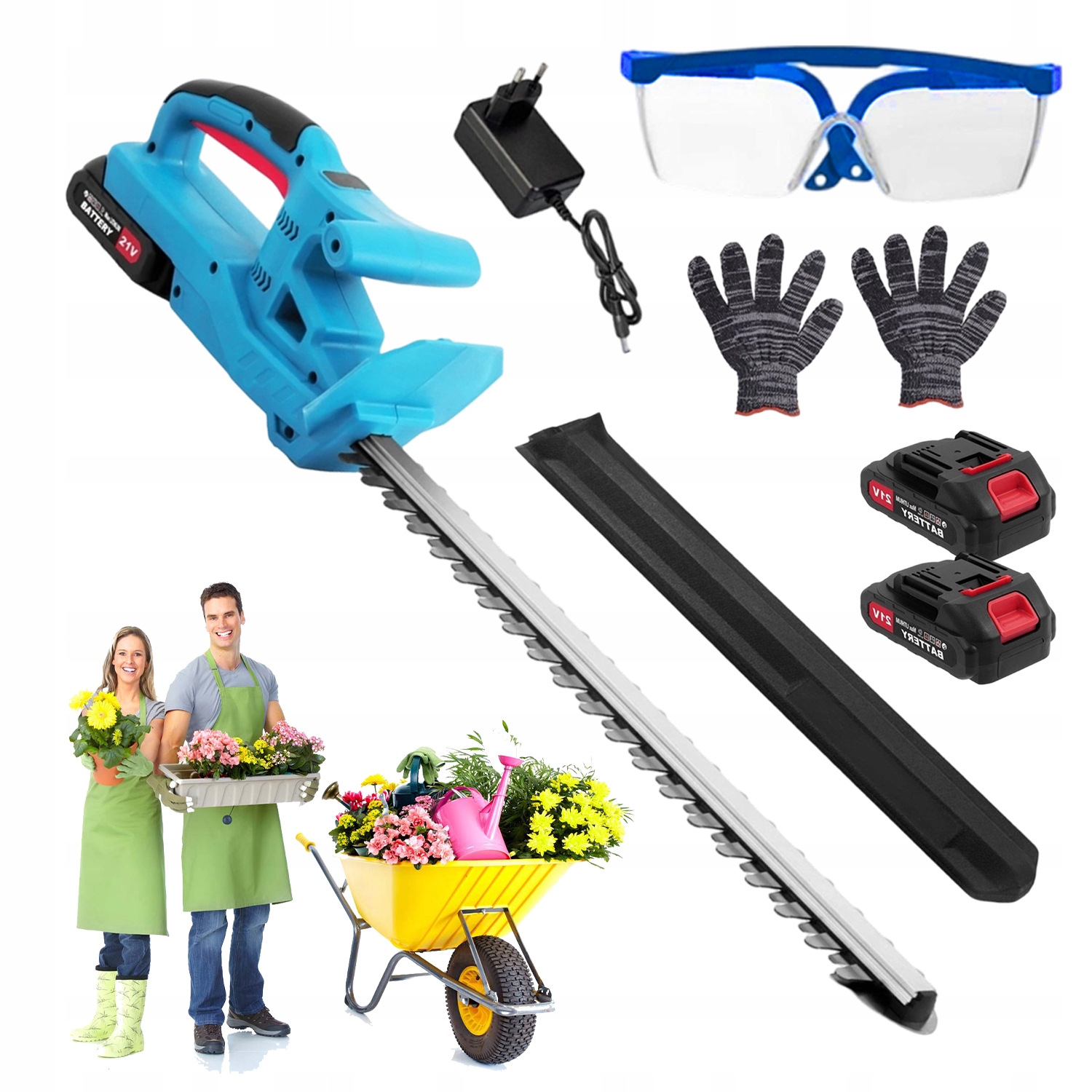 Sekator Do Żywopłotu 21V 50CM Z Akumulatorami I Akcesoriami Bezpieczeństwa