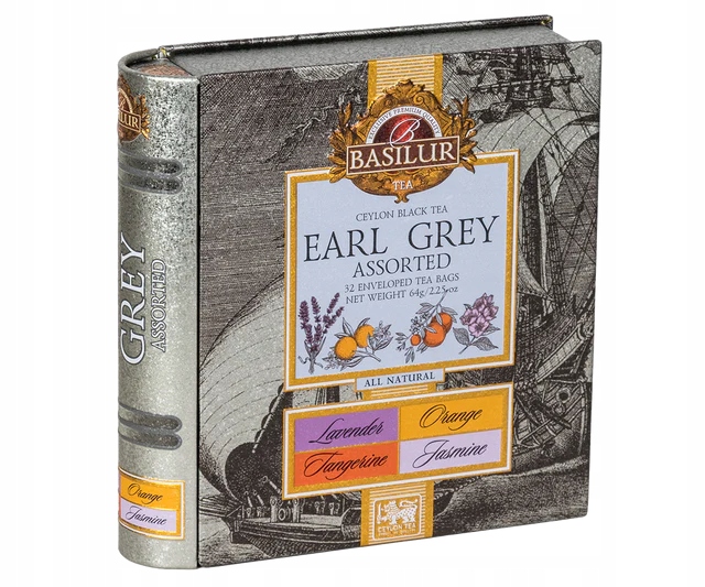 Levně Sada čajů Basilur Earl Grey v sáčcích 4 Příchutě 32 ks Plechovka Kniha