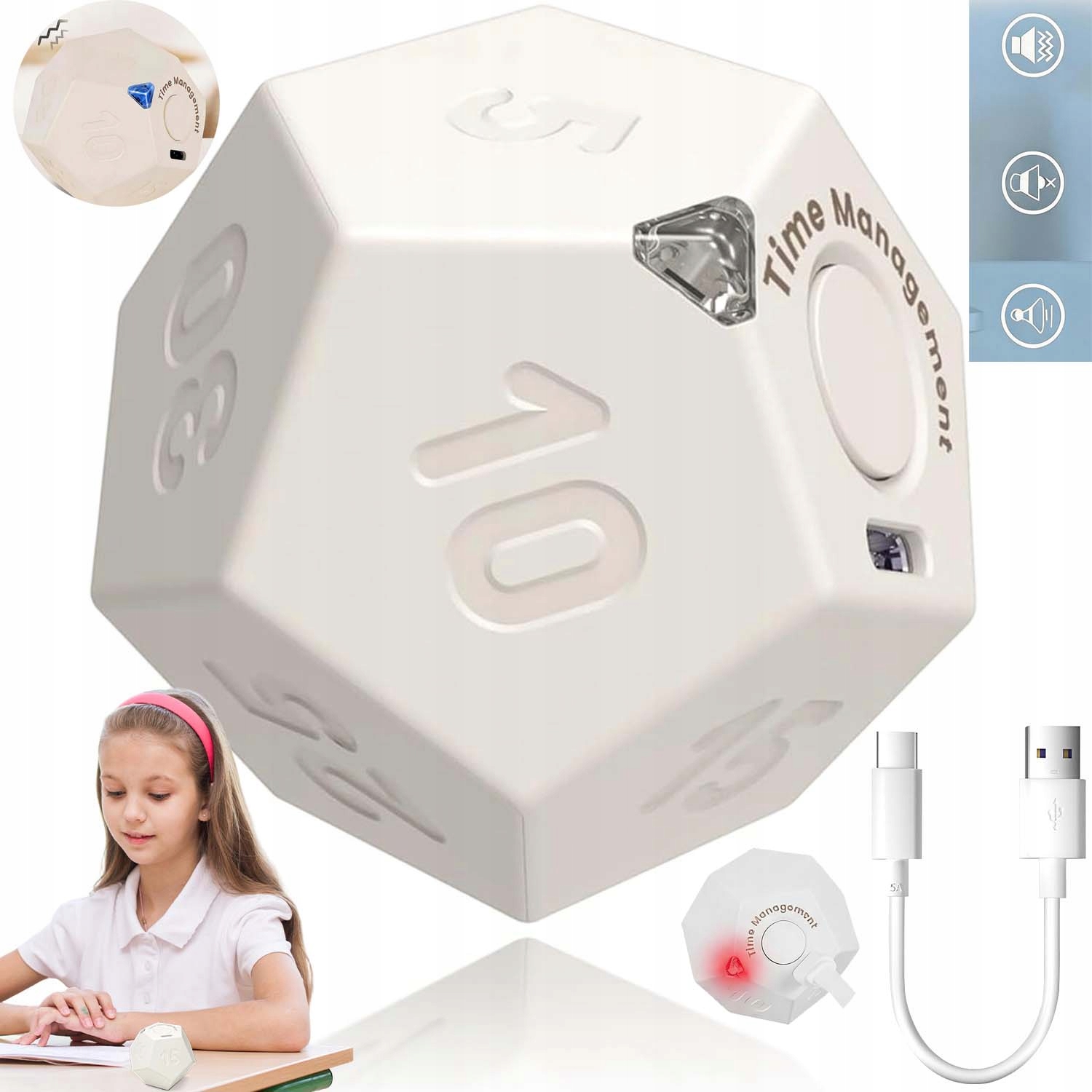 Otočný Minutník Ve Tvaru Kostky S 12 Stranami, Časovač Nabíjený Přes Usb, 3 Režimy