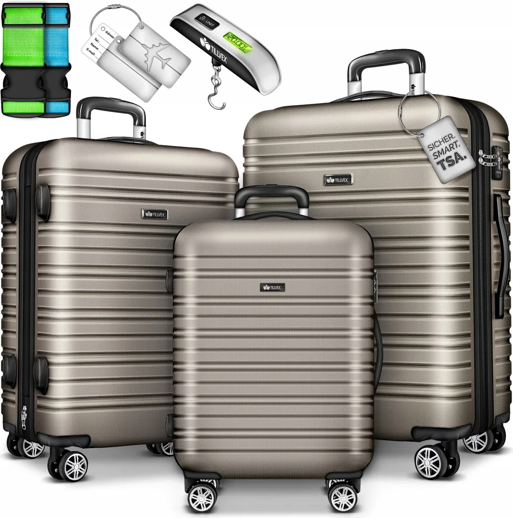 walizka walizki Zestaw 3 Walizek Podróżnych Na Kółkach 3częściowy Waga Pasy