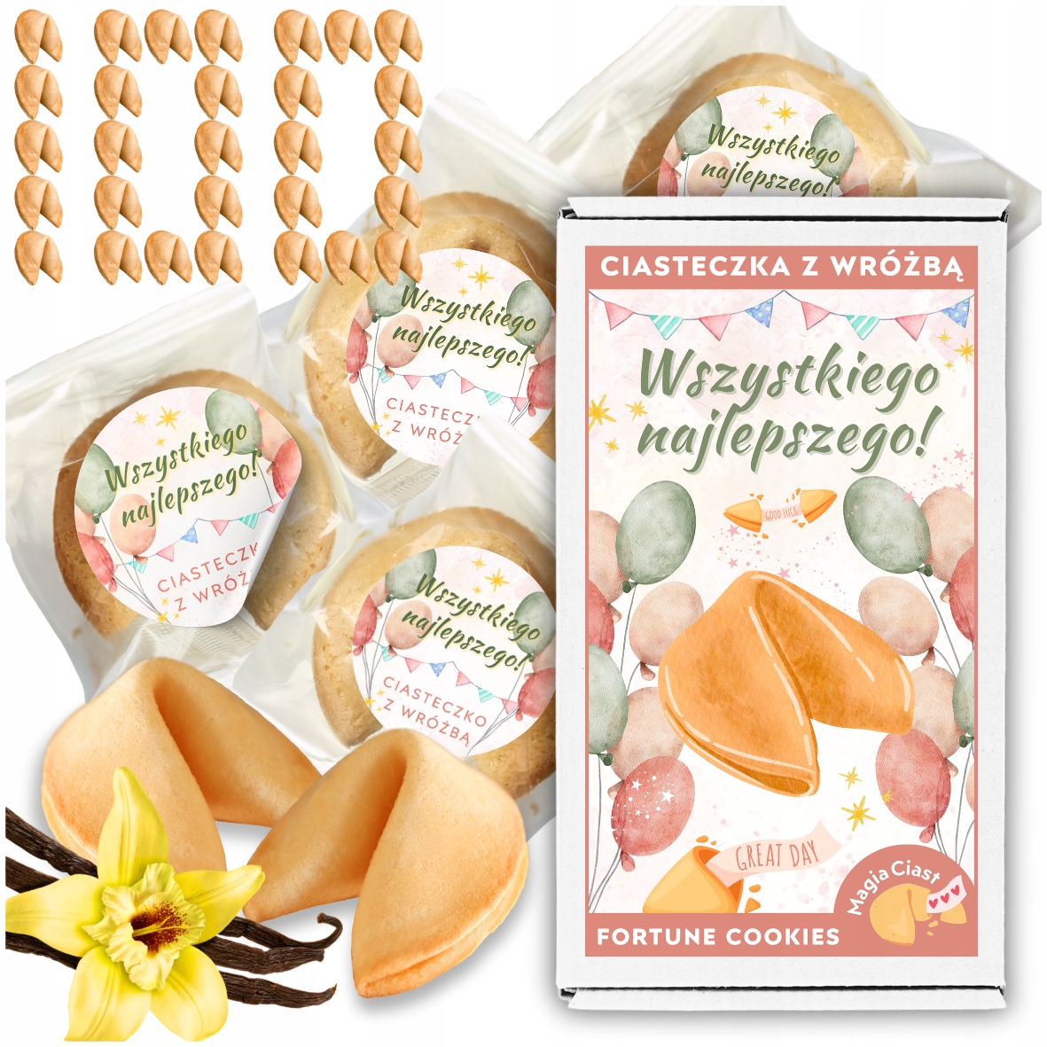 Chińskie Ciasteczka z Wróżbą Wszystkiego Najlepszego Magia dla gości 100szt