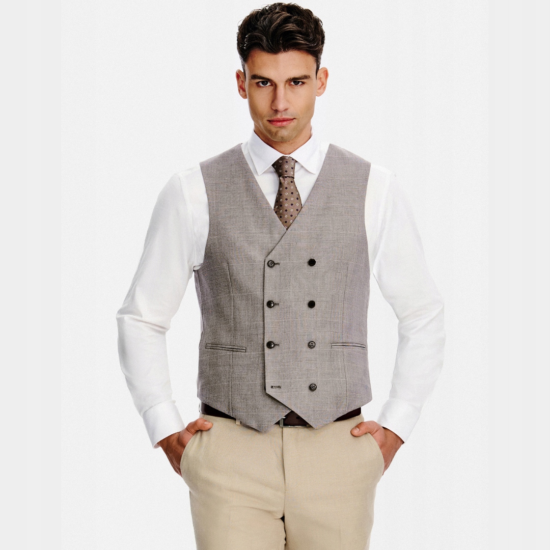 Hnědá obleková vesta s kostkovaným vzorem Pako Lorente vel 56