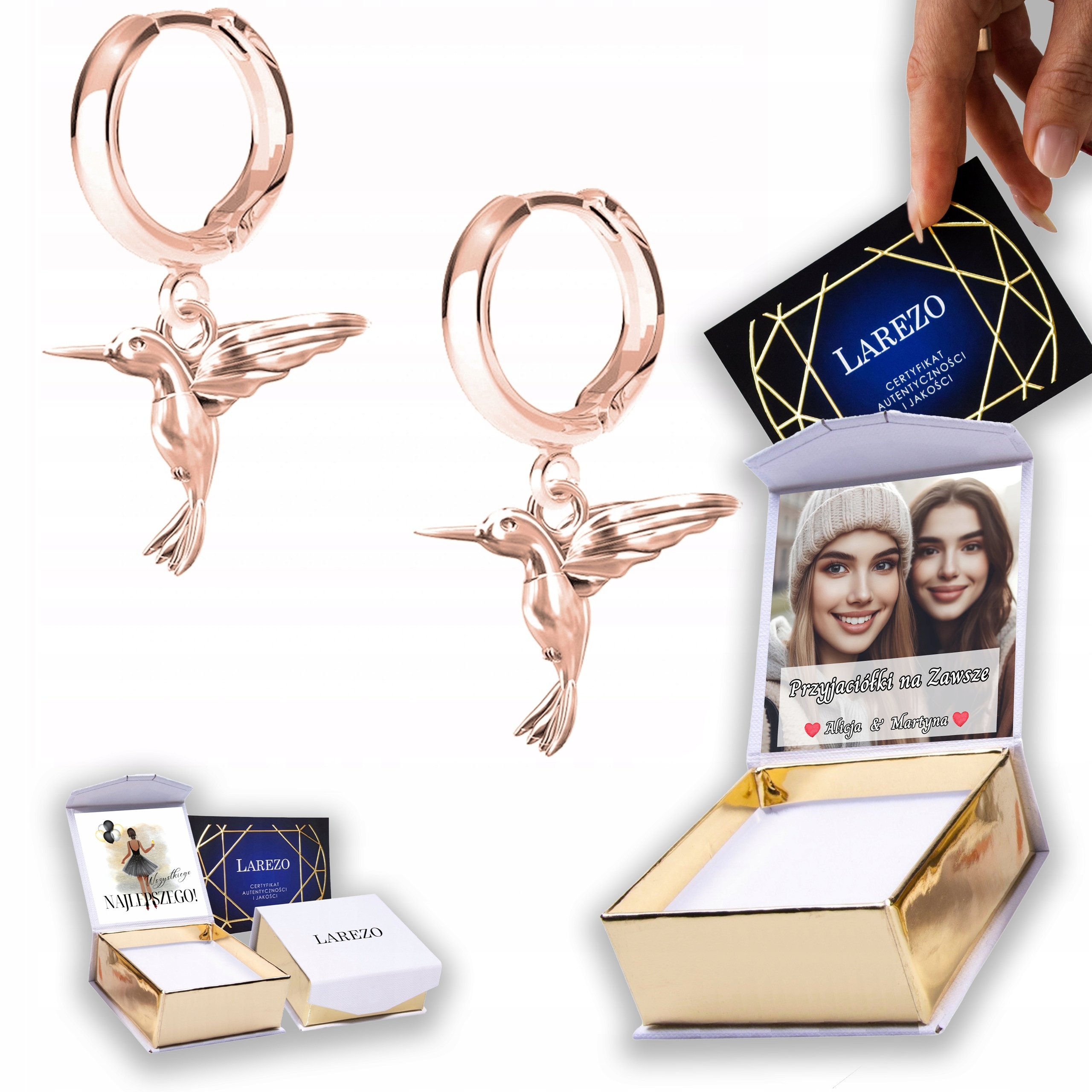 Náušnice Pozlacené 925 Ptáci Kolibříci Vlaštovky s kolibříky Vlaštovkami Potisk