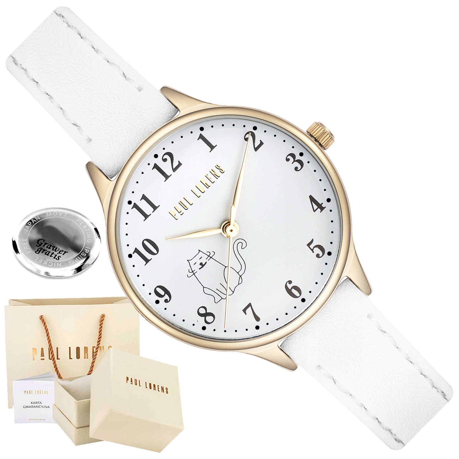 Dětské hodinky Paul Lorens s kočičkou, zlatý bílý řemínek Gravírování Box