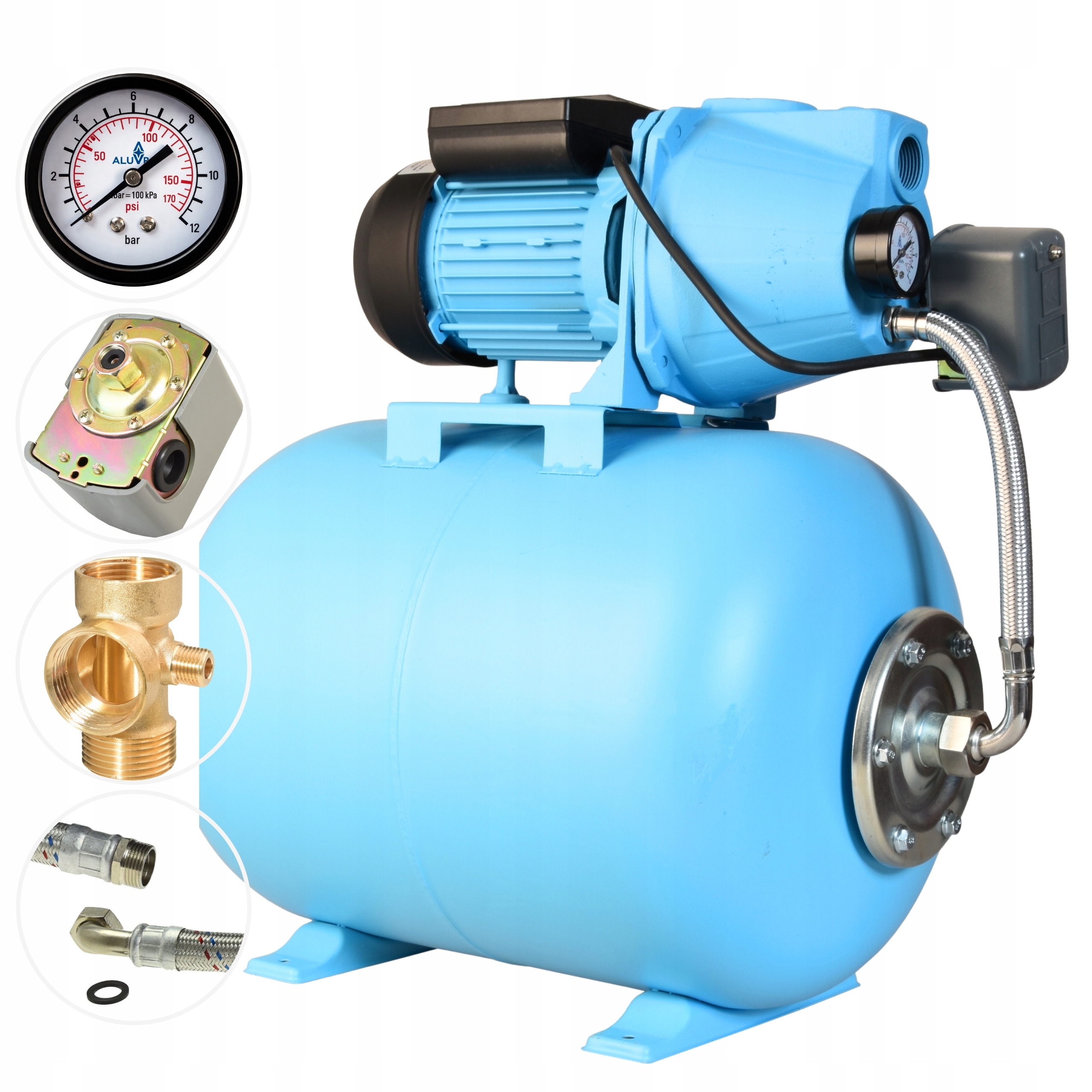 Hydrofor 50L Na Vodu 370W 42L/MIN Čerpadlo S Příslušenstvím Hadice Hotová Sada