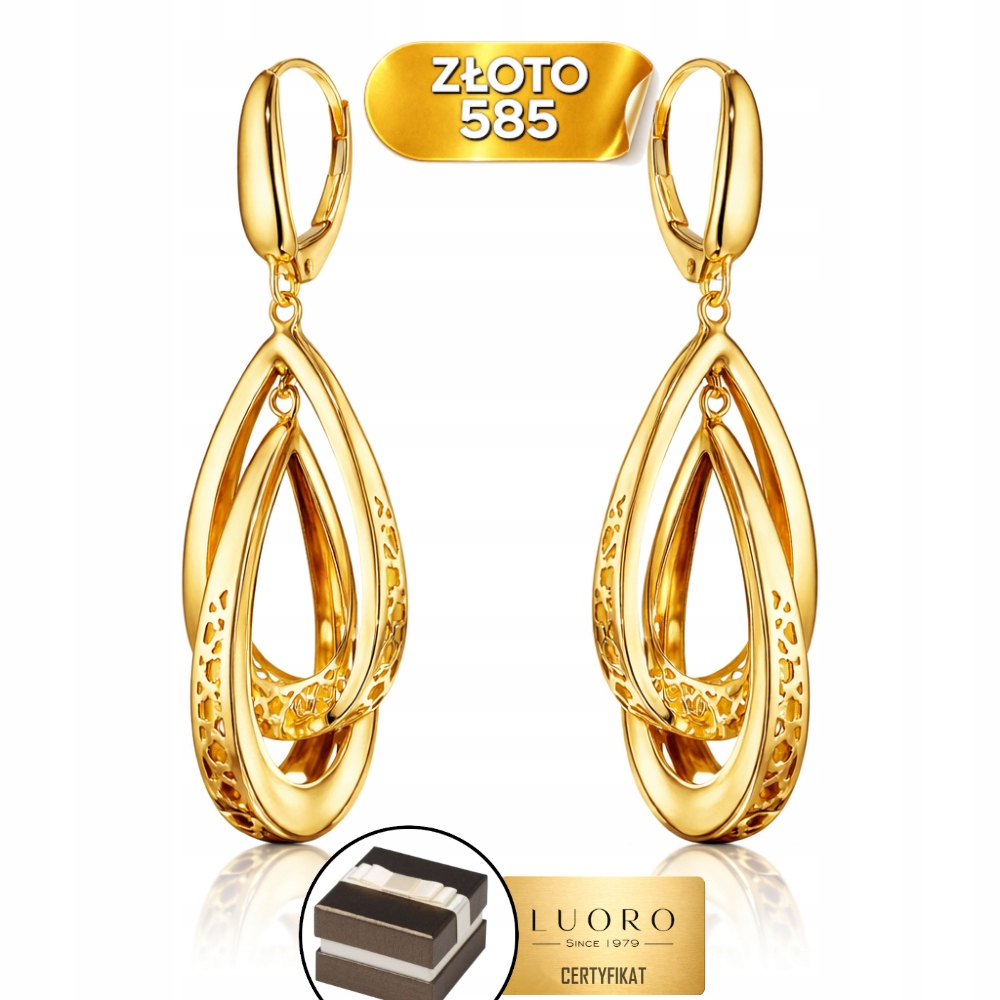 Náušnice Zlaté 585 14K Dvojité Prolamované Slzy Romb 48 MM Elegantní