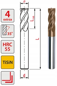 Frez węglikowy 4 pióra fi 18x45x100 55HRC TiSiN Twardość (HRC) 45