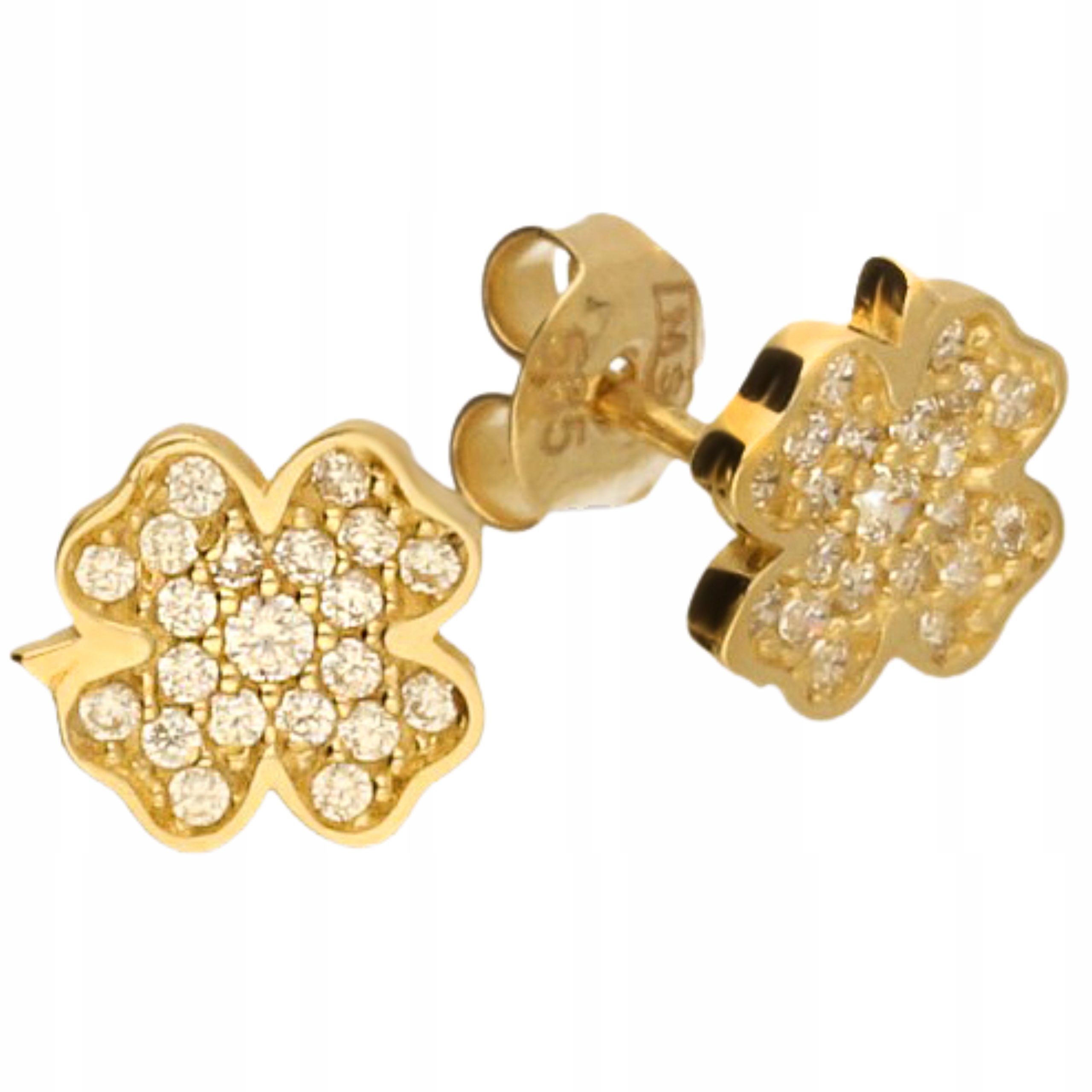 Náušnice zlaté 585 na tyčinku zdobené zirkony, vzor čtyřlístku na tyči