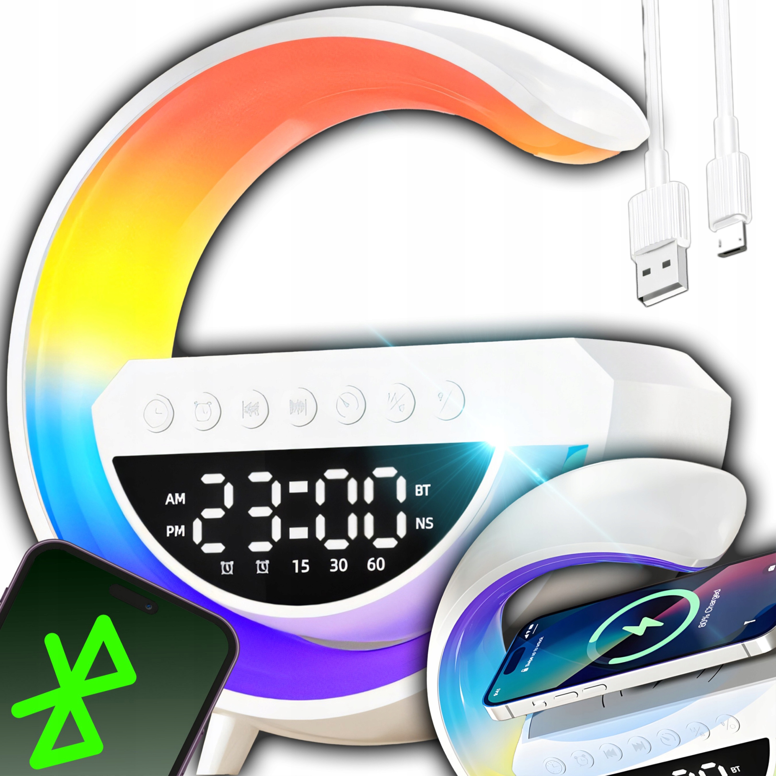LAMPKA NOCNA LED RGB GŁOŚNIK BLUETOOTH ŁADOWARKA INDUKCYJNA ZEGAR BUDZIK
