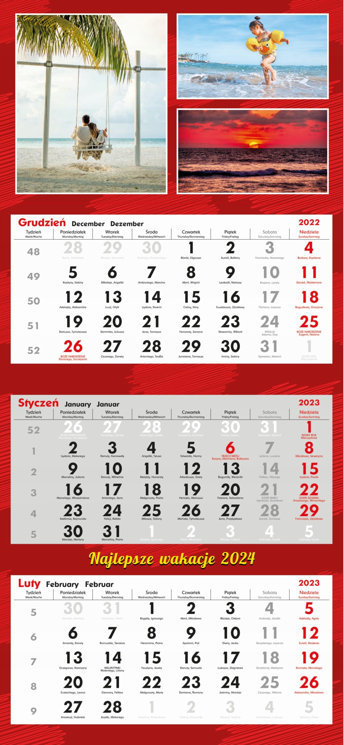 1x Foto-Kalendarz Trójdzielny 2024 Twoje Zdjęcia