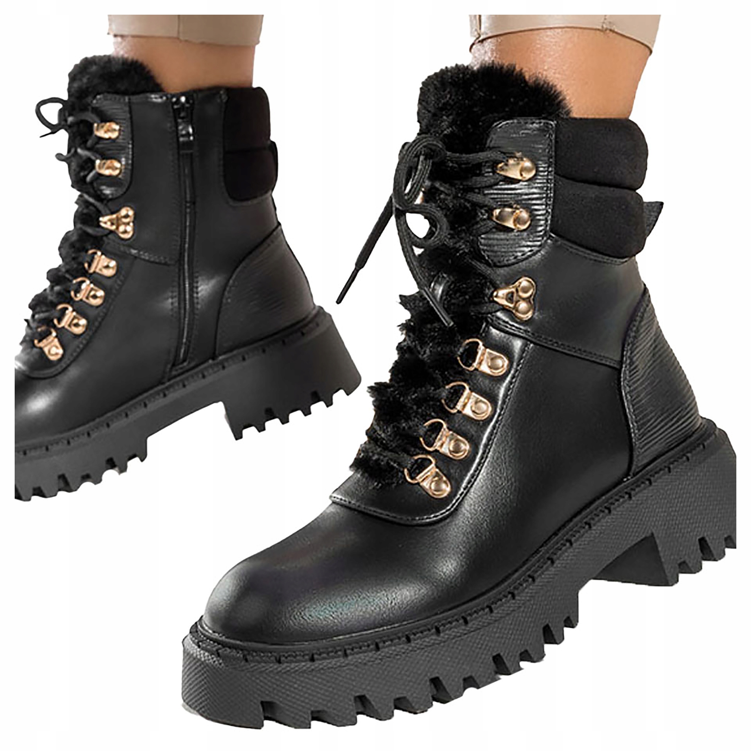 dámské kotníkové boty s kožešinou na platformě, šněrovací, černé, traperky, velikost 38