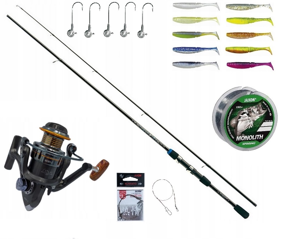 Zestaw Spinningowy Jaxon Kołowrotek żyłka Główki Przynęty
