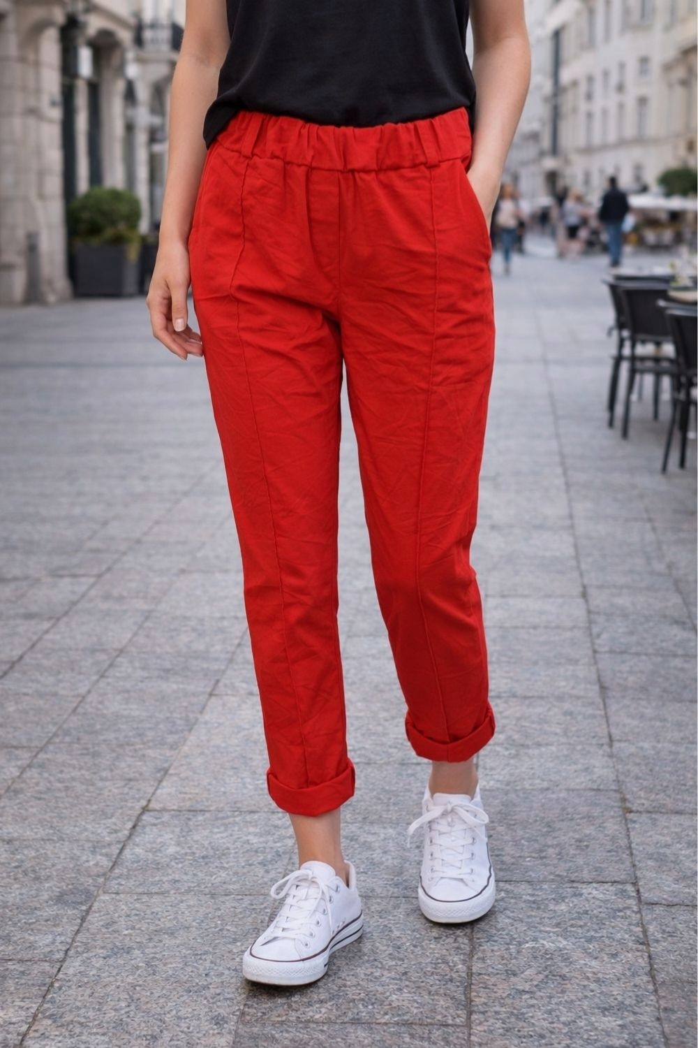 Spodnie damskie czerwone z przeszyciami gumka wysoki stan Uni
