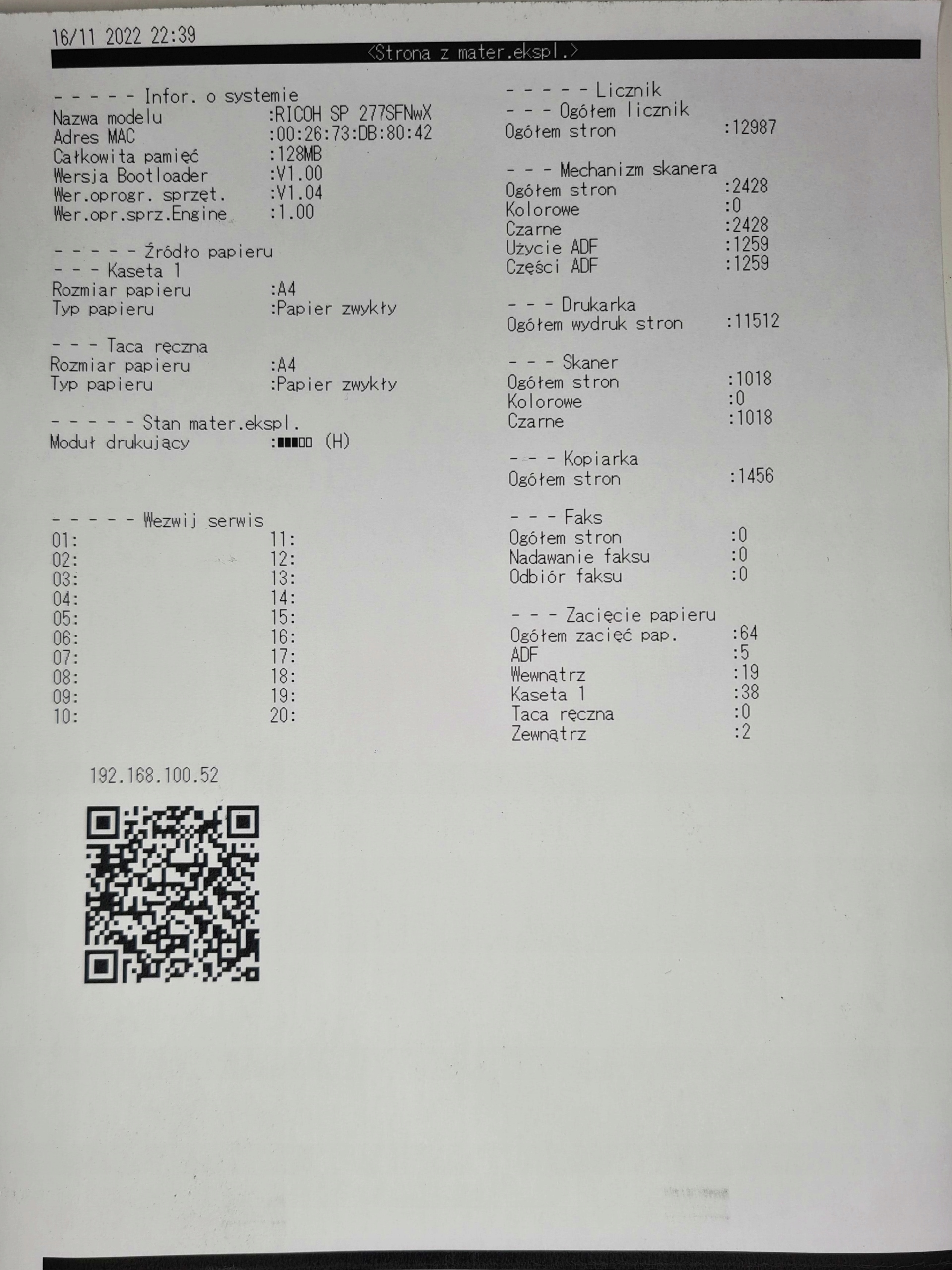Drukarka laserowa RICOH SP 277SFNwX Model SP 277SFNwX