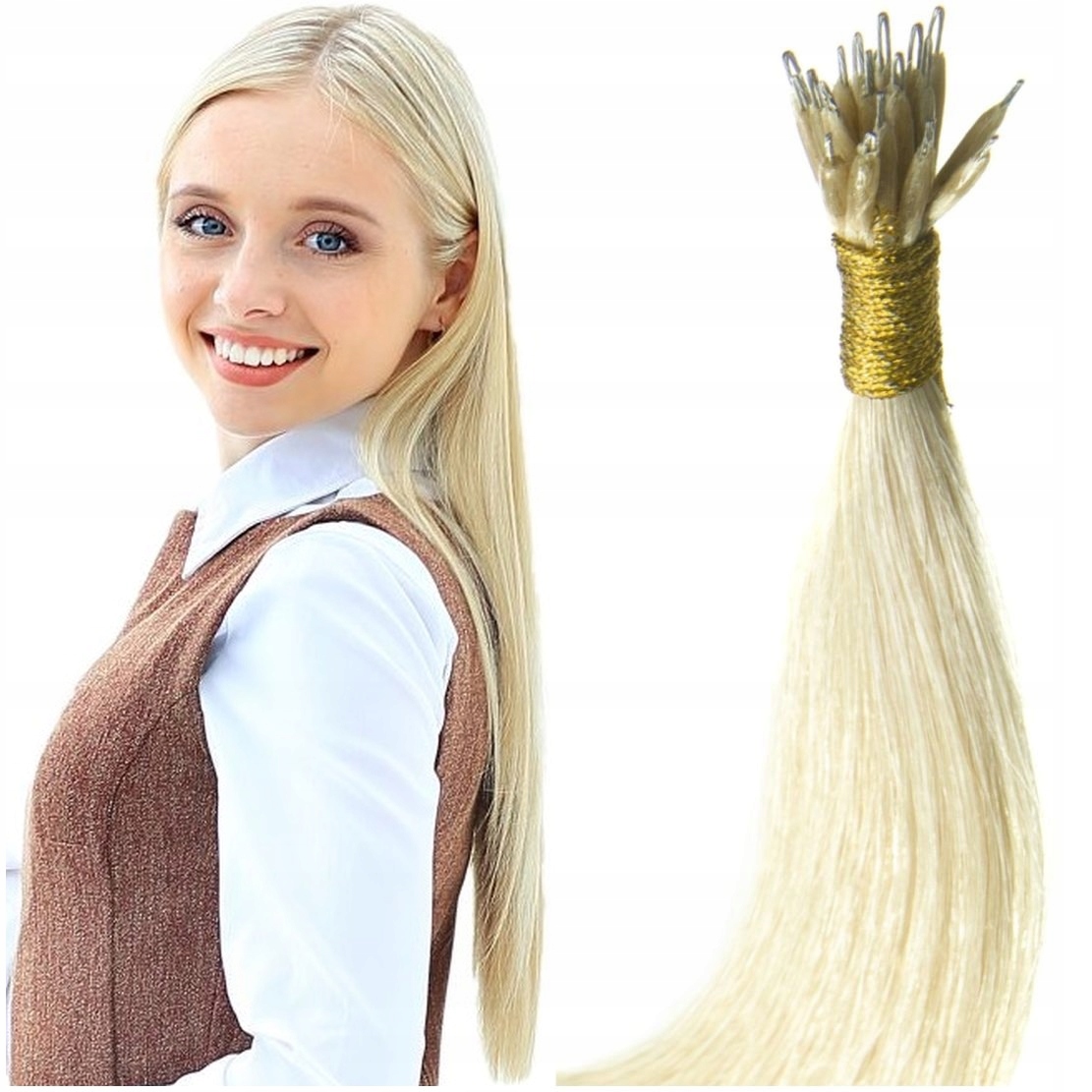 NANORINGI WŁOSY NATURALNE NANO RINGI PASEMKA 50 CM bardzo jasny blond 613