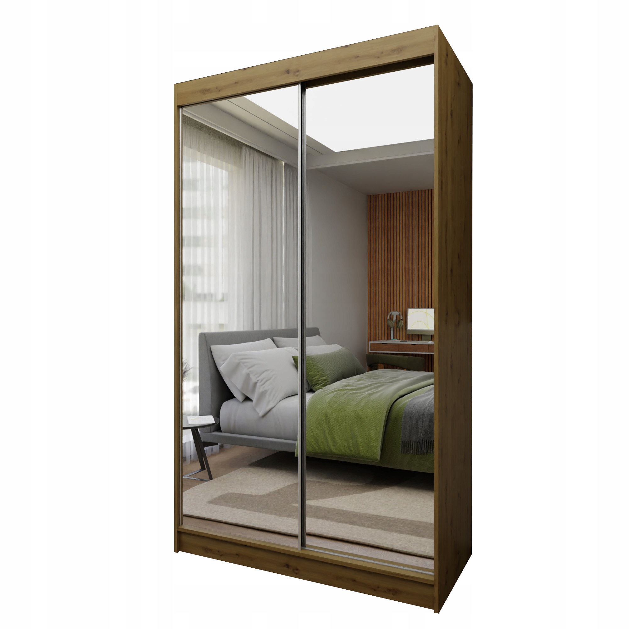 Skříň Posuvná Bellina 120 cm se zrcadlem Skříň Dvoudveřová dub Artisan