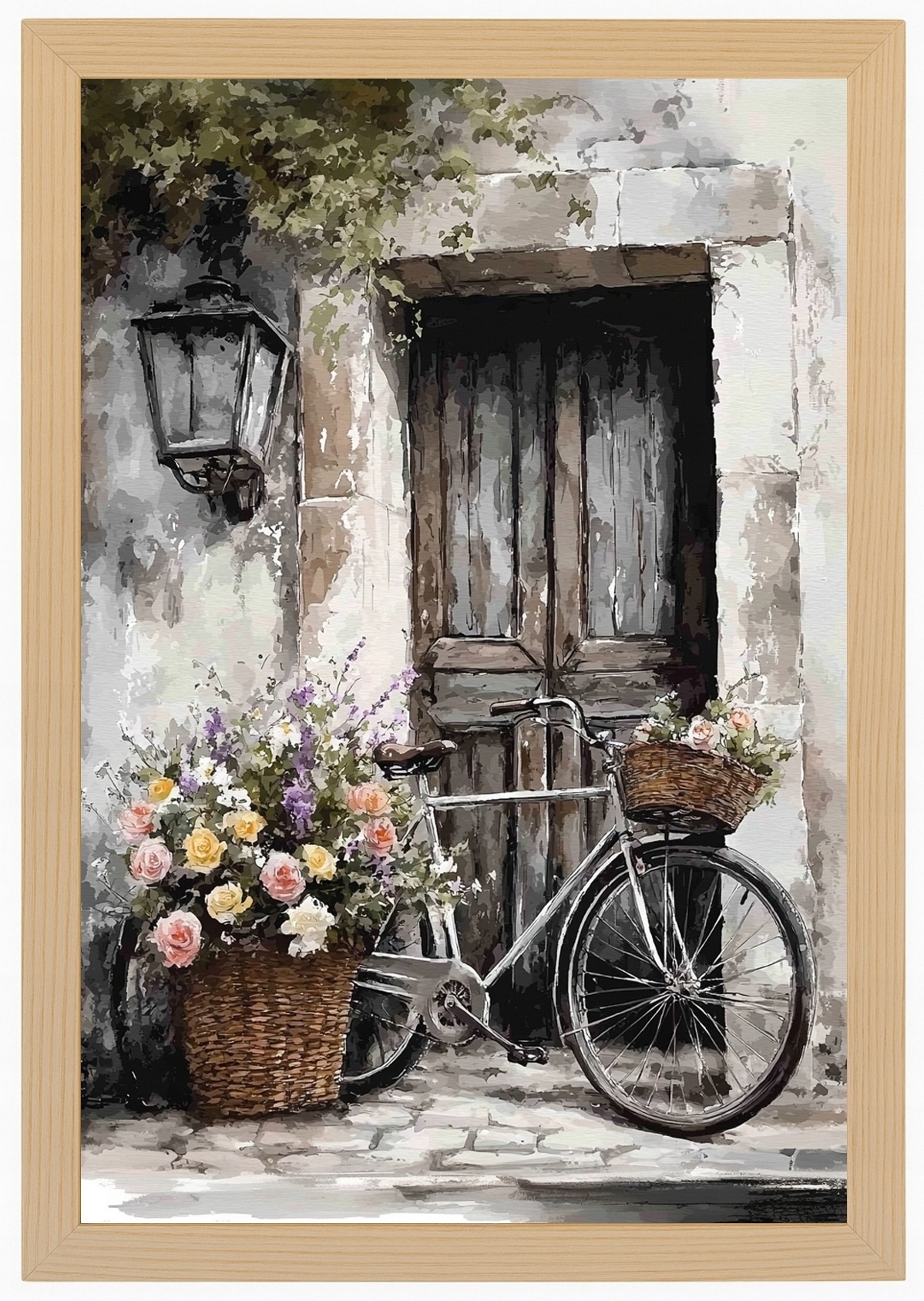 Plakát Rámeček Dřevo Vintage Kolo Staré Dveře Košík Květiny Růže 40x60