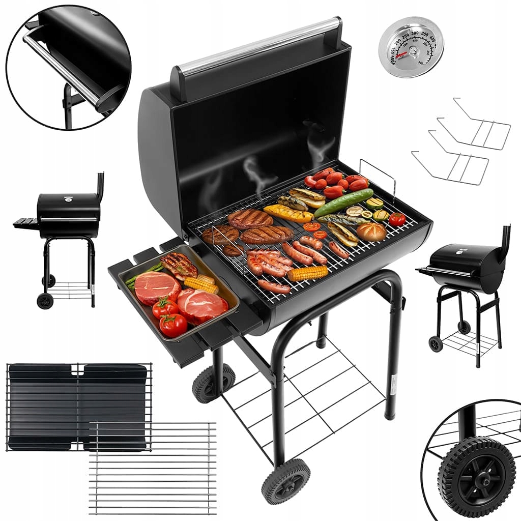 Grill Ogrodowy Węglowy z Pokrywą i KOMINEM BECZKOWY 2 CHROMOWANE RUSZTY