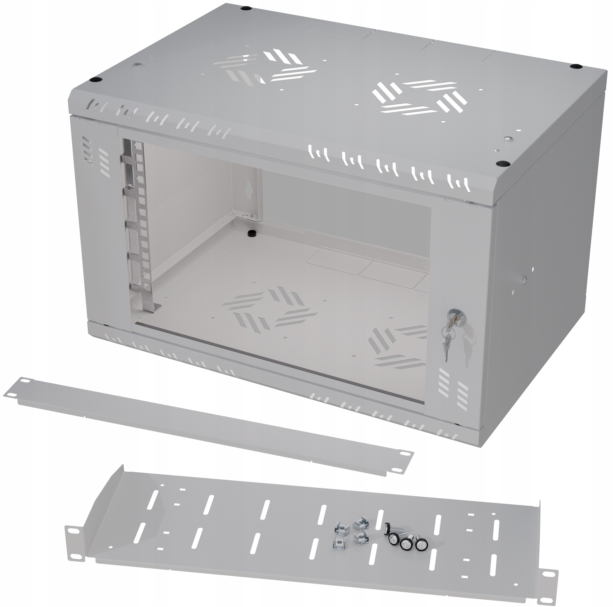 Szafa Rack 19" 6U 350mm półka 15cm maskownica szara zestaw szyba StalFlex