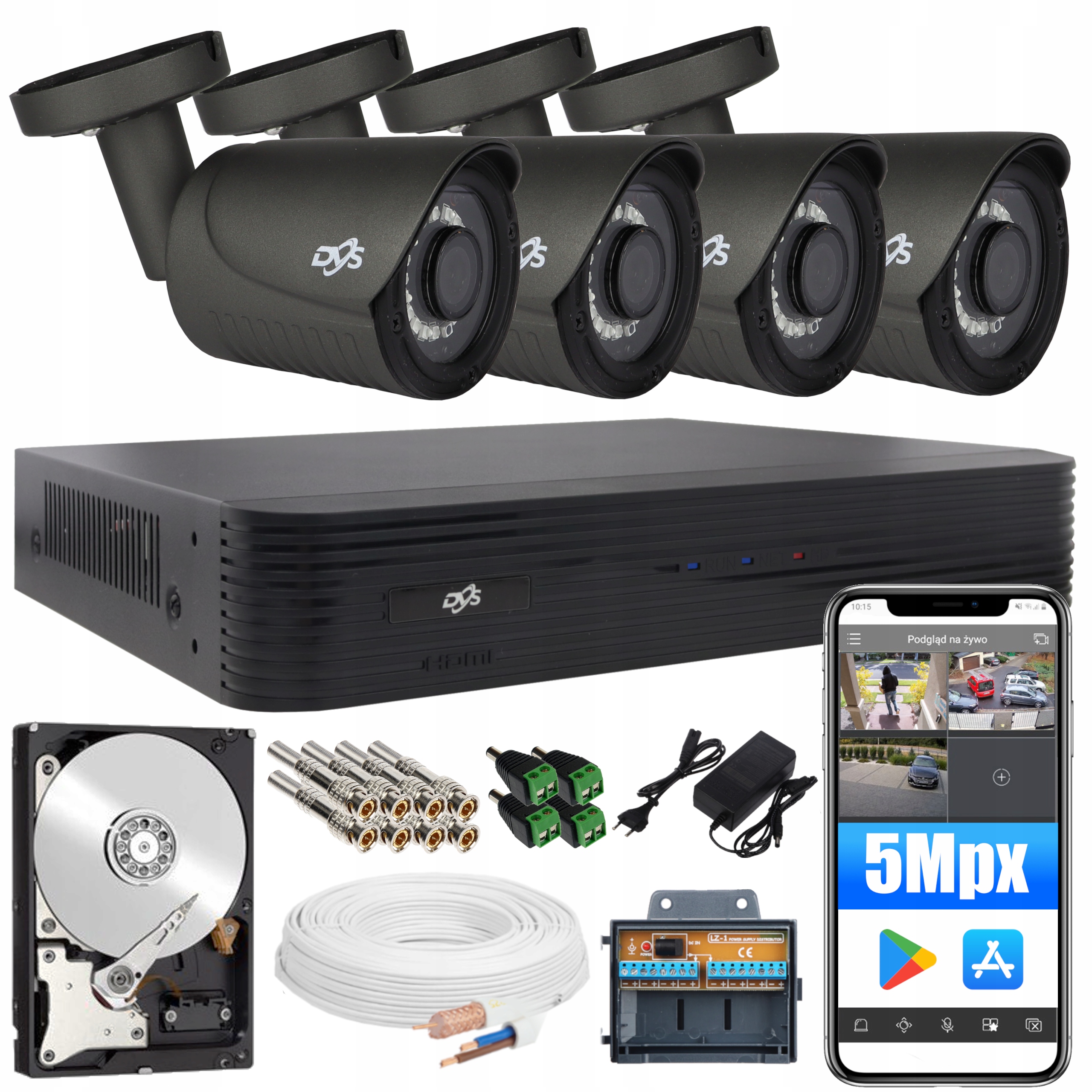 Zestaw do monitoringu 5Mpx 4 kamery aplikacja