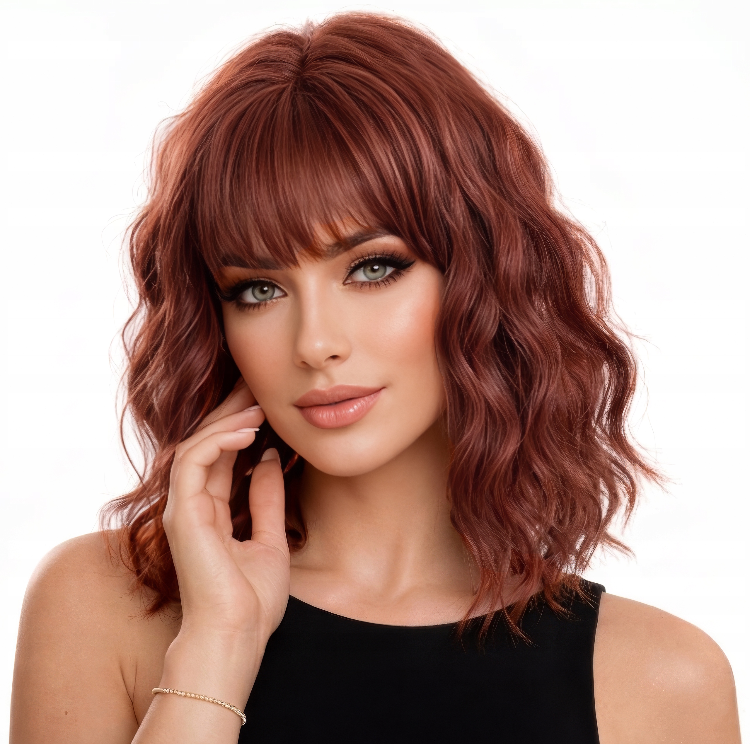 Peruka damska Ruda włosy kręcone Kasztanowy brąz z Grzywką jak Naturalna